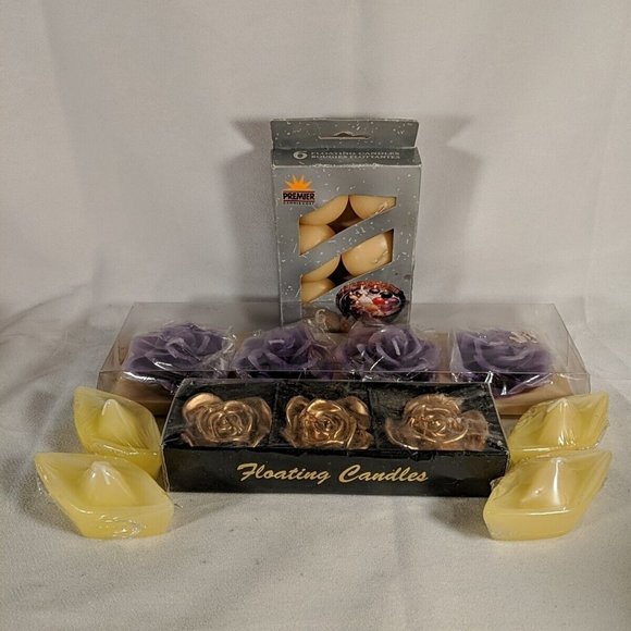 Purple Gold Floral Floating Candles Flowers Roses Tealights 4 sets 17 Candles - Picture 1 of 10
